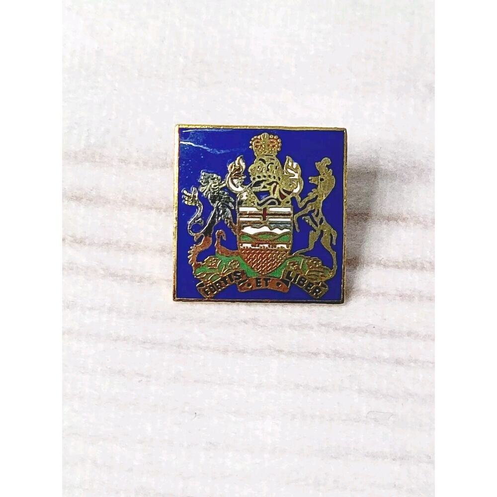 Vintage Alberta Coat Of Arms Pin - Fortis Et Liber - Blue & Gold Lapel Hat Pin